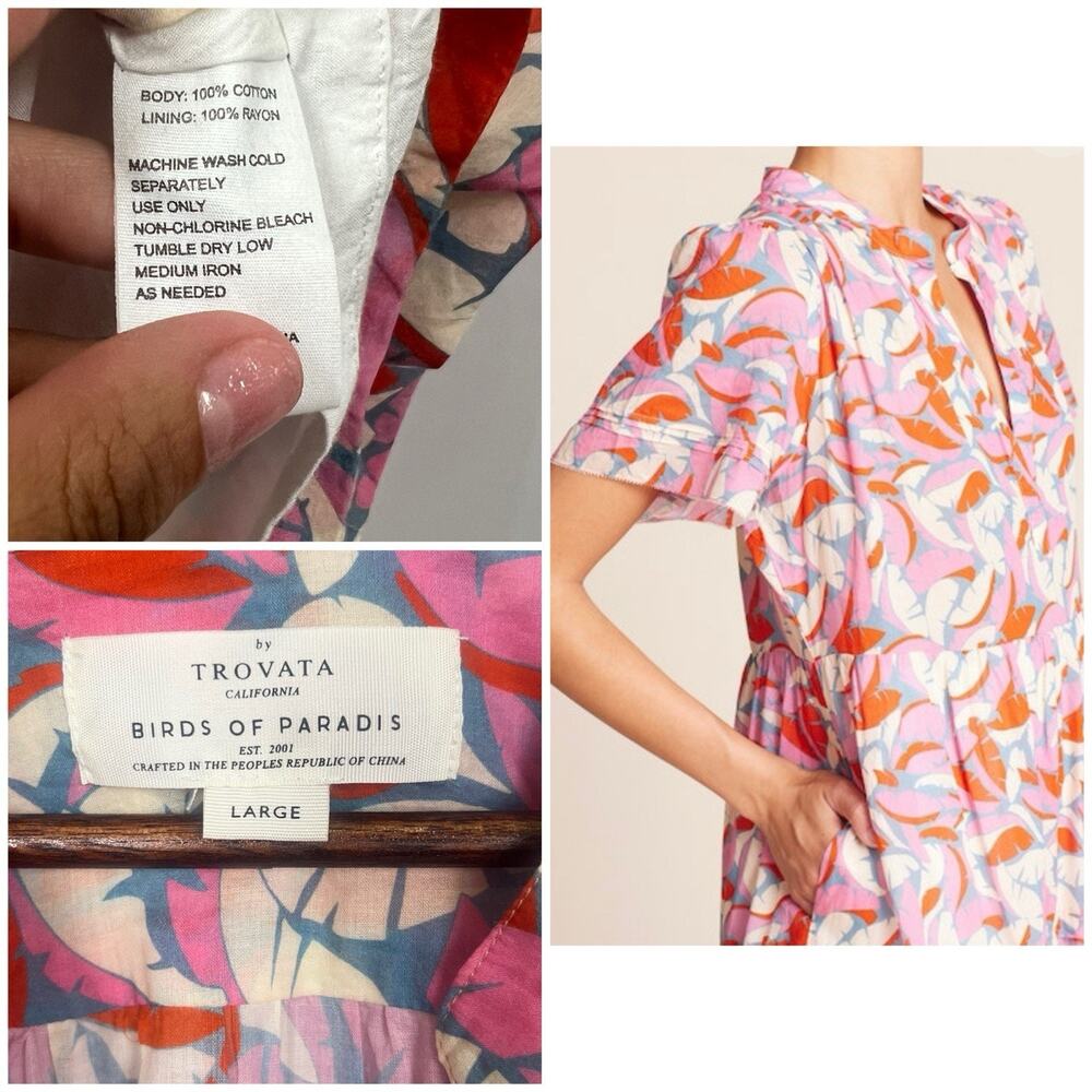 Birds of Paradis by TROVATA Pink Tropical Print Tiered Boho Midi Dress L - Picture 6 of 12